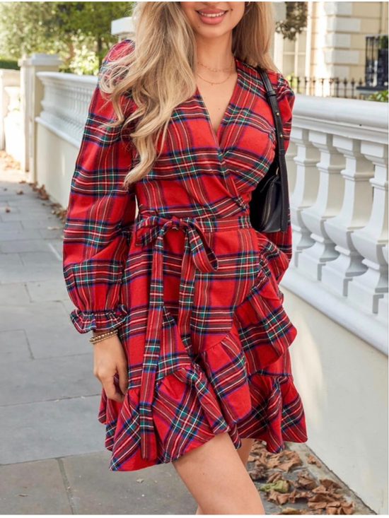 CUPSHE Dresses & Skirts - NEW CUPSHE Red Plaid Wrap Long Sleeve Ruffle Dress L